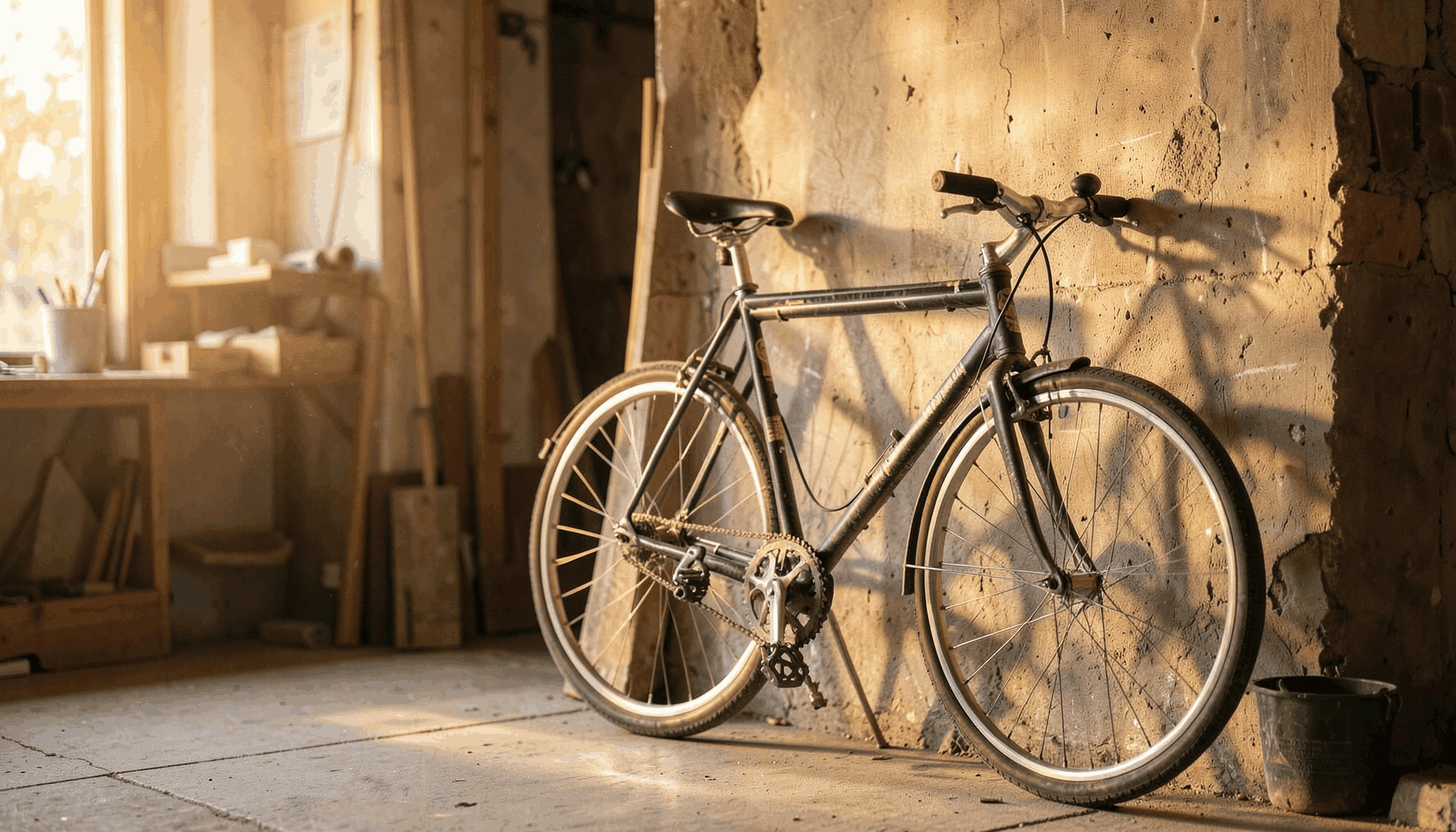 A bicycle leaning against a workshop wall in soft natural light, warm and inviting atmosphere