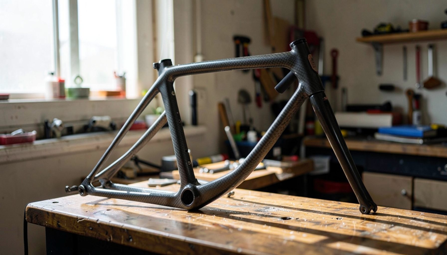 A carbon fiber bike frame leaning against a workbench, with natural daylight streaming across the surface.