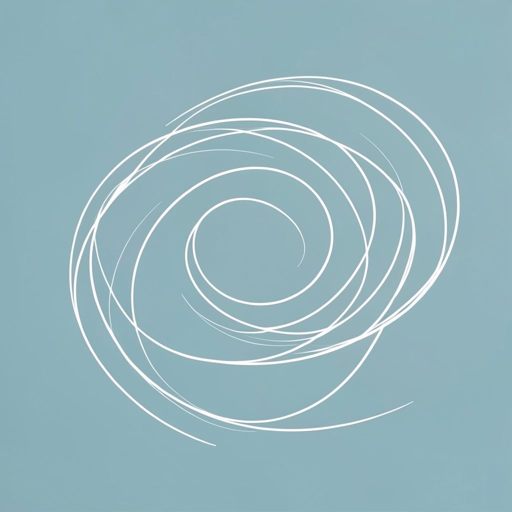 A subtle decorative line-art swirl in white, suggesting motion and cycling flow