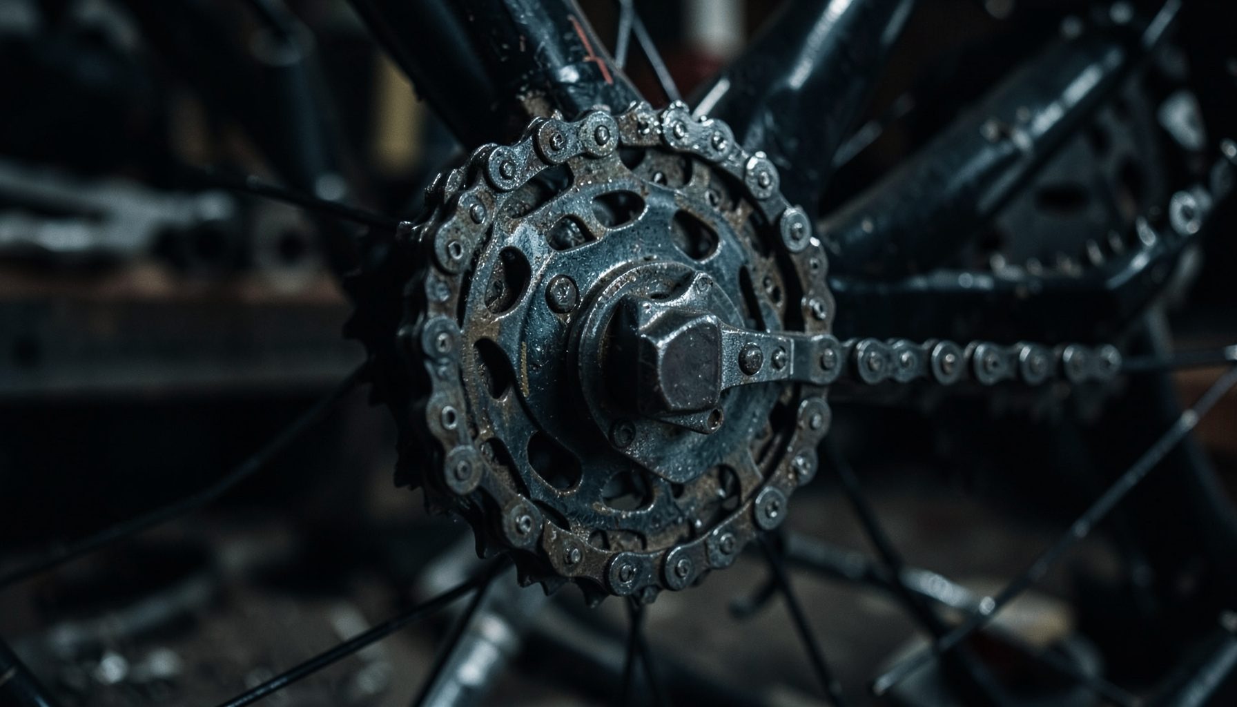 A close-up of a bicycle chain and cassette against a dark workshop background, moody and mechanical